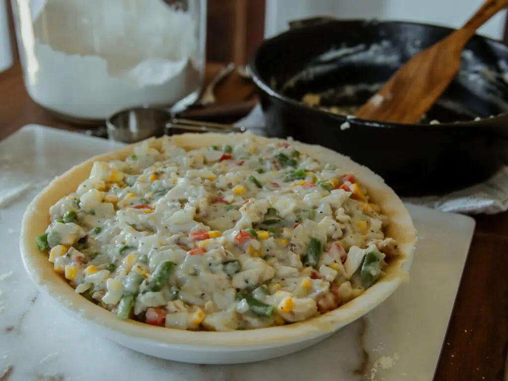 pie filling in a pie dish.